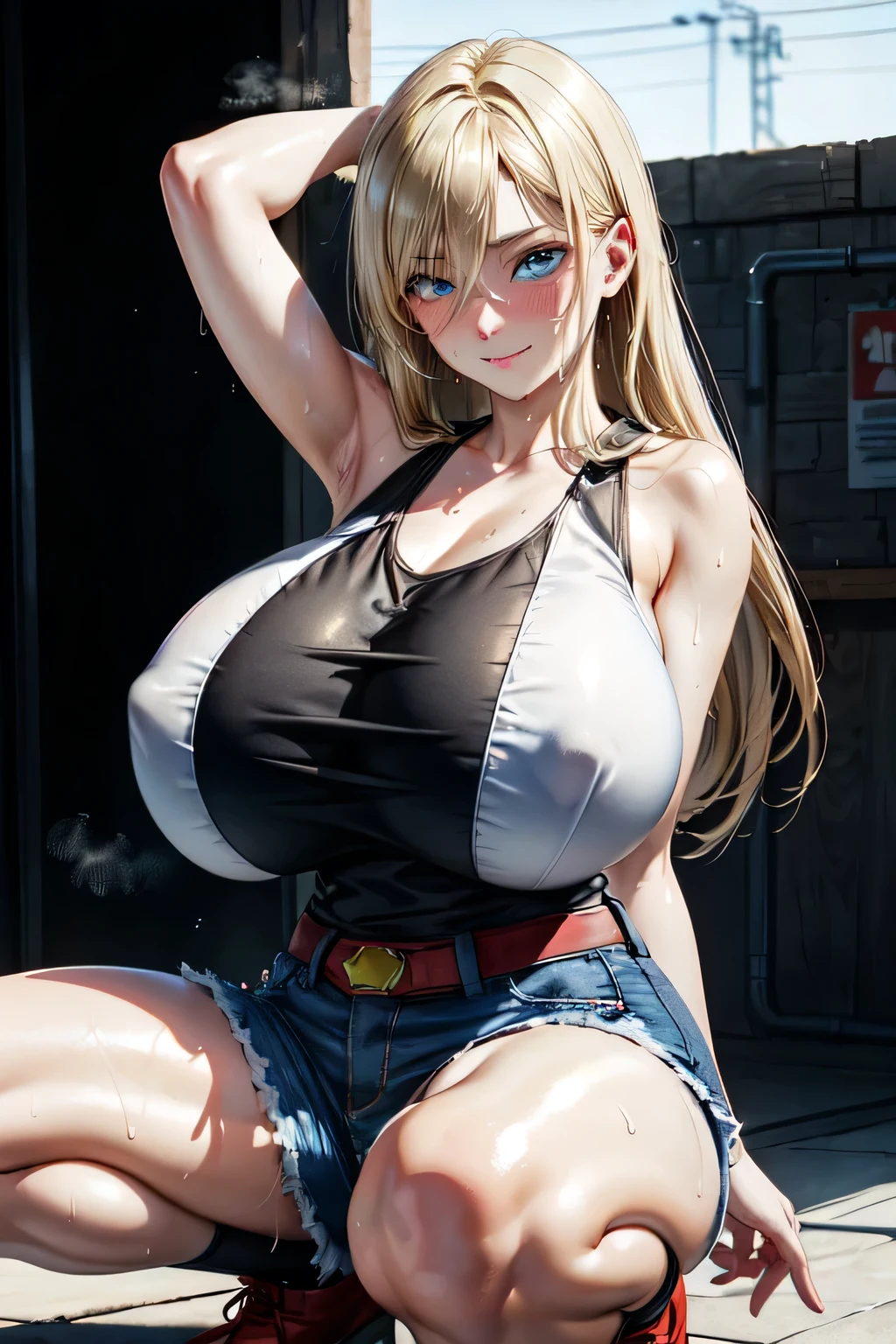 Artificial Human World 18, Blonde Hair,(Highest quality,High resolution,Very detailed,Realistic:1.2),Portraiture,Beautiful Blue Eyes,A little blush,smile,Facial steam effect,Embarrassed expression,Super shiny tank top,Female Model(1 person),Shorts,Her slightly erect nipples are visible through her tank top, The open-leg design exposes the crotch to the audience.,stimulated a reaction from the audience,Squatting Pose,Place your arms behind your head,To the camera,By the pool,(Super huge breasts:1.9),((Sweaty))