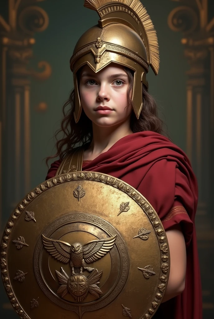 portrait, for a young British girl wearing military Greek armor with helmet and shield, like goddess Athena of wisdom, realistic, high quality, high detail, 8k ultra hd,