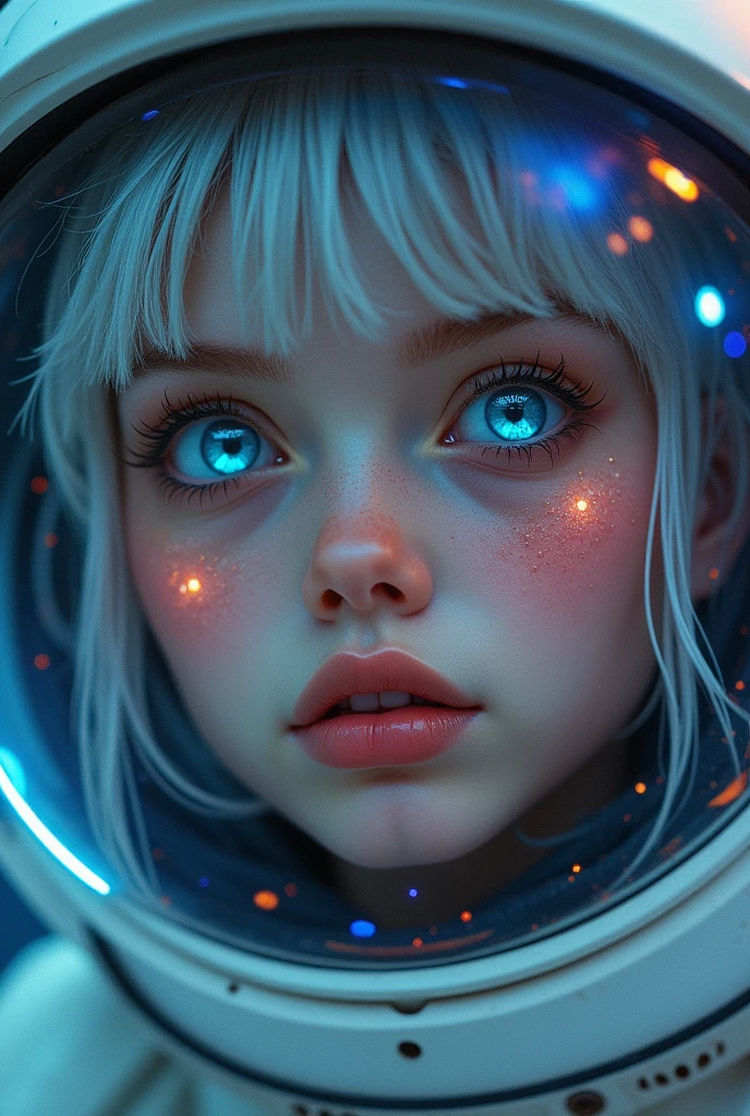 (Close-up of a better masterpiece: 1.5) 0.9], (Space and astronauts: 1.2) (Disheveled silver hair: 1.1) (Xanthochromia heterochromia and blue eyes: 1.2) (space helmet: 1.0) (colorful stars in the eyes: 1.0) (A radiant glow: 1.1) (thick lips: 0.9)