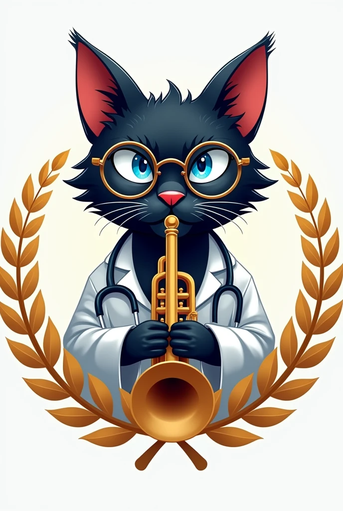 I want a logo with a smug black cat with blue eyes and glasses playing a trumpet and also having a stethoscope and on the sides there are golden laurels and a white coat.
