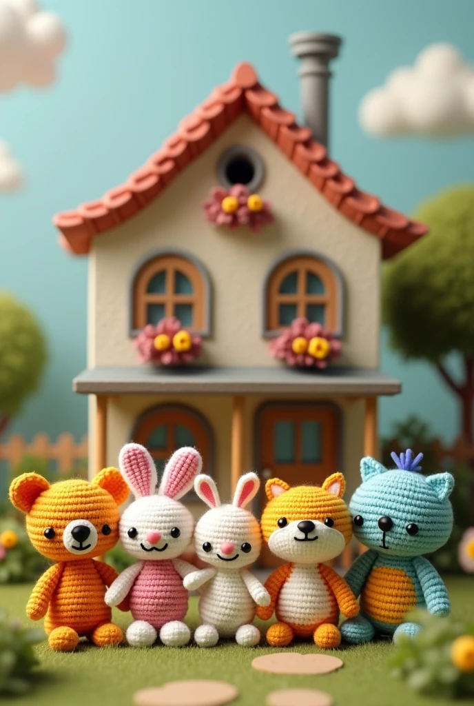 generates an image of 5 amigurumis with a house background without people