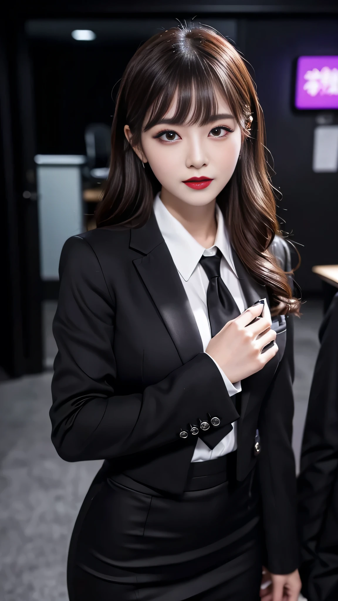 best quality、ultra-detailed、4k、Japanese、Seductive beauty、seductive adult woman、Pretty Woman、cool girl、Villainess、Brainwashed、brainwash、Fallen into evil、smirk、Evil look、Wicked Smile、evil、Brown hair、wavy hair、swept bangs、dark makeup、dark makeup、piercing eyes、hollow eyes,half-closed eyes、Hollow Eyes、purple Eyeshadow、black lipstick、black lipglos、office staff suit、suit、Jacket、Black sleeves、White Shirt、Black Ribbon、Tight Skirt、pantyhose、night、inside darkroom、Are standing、shoot from below、Have lipstick、Emblem of Evil、Crest of Darkness、Swear allegiance、I have pledged my allegiance、Dye black、Blackening、Stained with evil、Dyed in darkness、Seduce