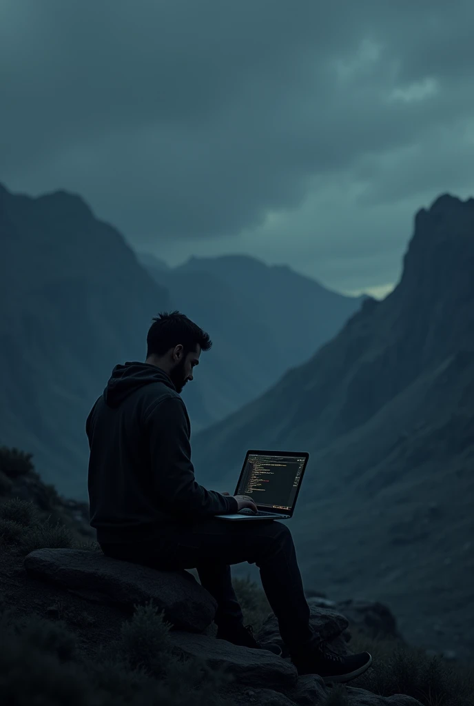 Landscape image, A man with his back turned programming a computer, the image could be darker