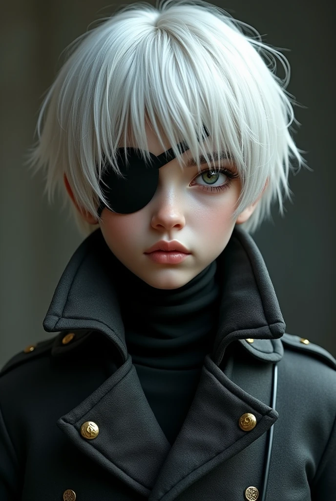 White haired character wearing an eye patch over one eye wearing an overcoat 