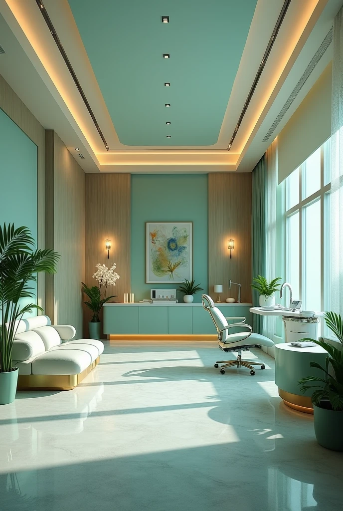 Dental office with colors that generate peace and comfort, that looks super luxurious and big

