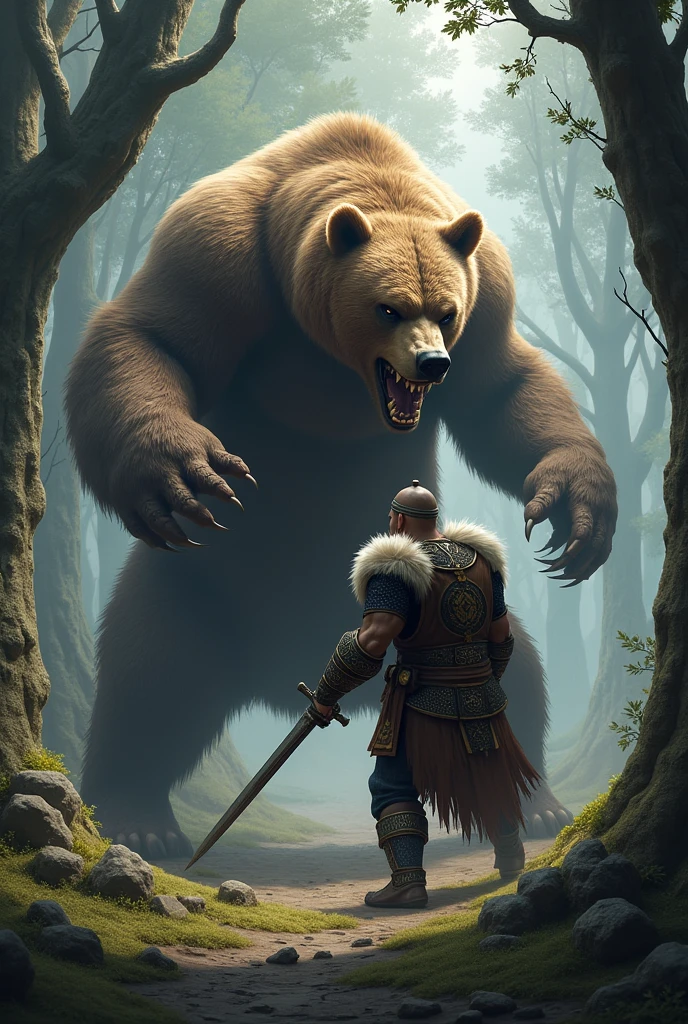 close angry bear, claws showing, viking, at the forest