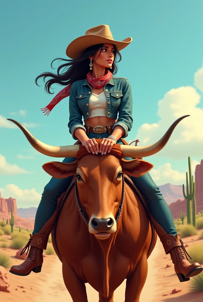 Hispanic cow girl, riding a cow
