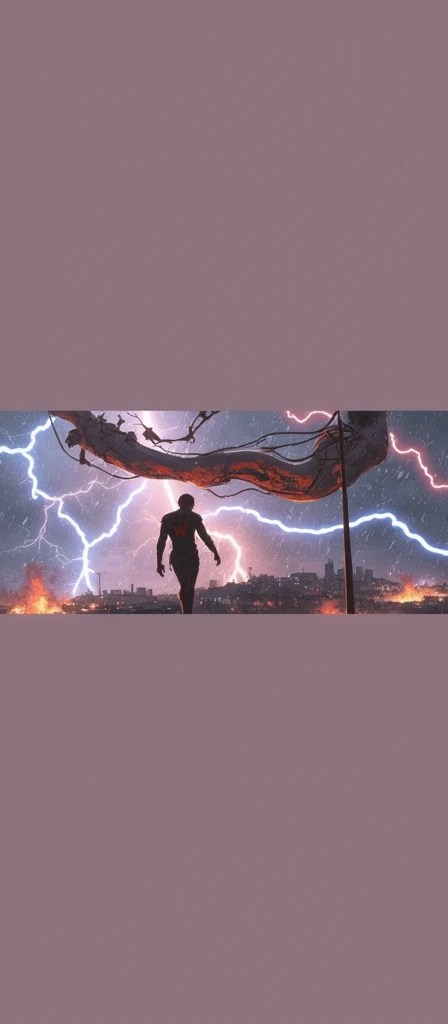 Tom Holland Spider Man.It is raining. The background is a cacophony of fire and lightning and he is injured. He is wearing the secret wars suit. It is raining.black and blue all over the suit with red lining, he has short hair