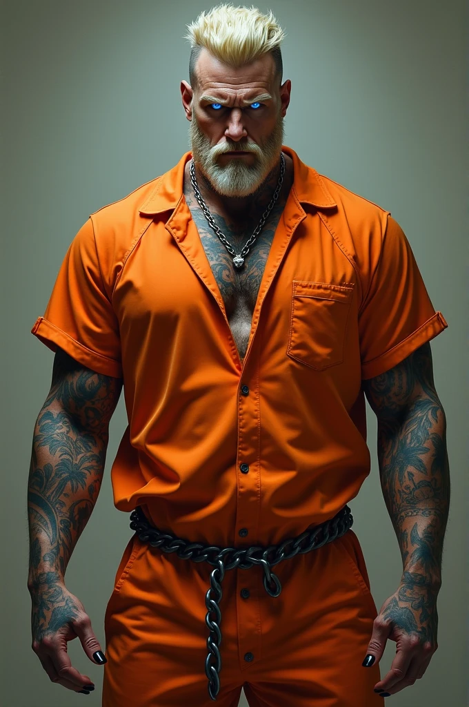 Create a man in orange prison clothes, all tattooed, blue eyes, blond hair, chain around his neck and hands, black nails, bearded and angry looking.