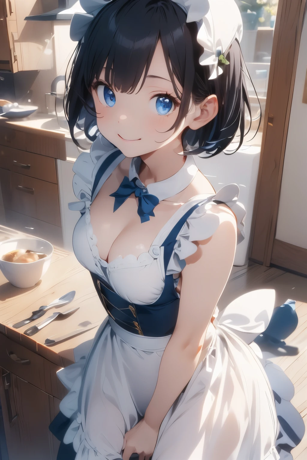 ((Top Quality)), ((Excellent)), (Detailed), ((Japanese)), Ultra-Realistic, Stunning Environment, Vivid Colors, , Black Hair, (Young Face), ((Bob Hair)), Shiny Hair, Small Breasts, ((White Maid Outfit)), ((French Maid)),((White Brim)), ((From Above)), ((Blue Eyes)), Half-Smiling, Upper Body, Shiny Hair, Blunt Bangs, ((Small Breasts)), ((Leaning Forward)), ((Blue Eyes)), Masterpiece, Ultra-Realistic, ((Close-Up)), Interior, Kitchen, Natural Light, Vivid Colors,