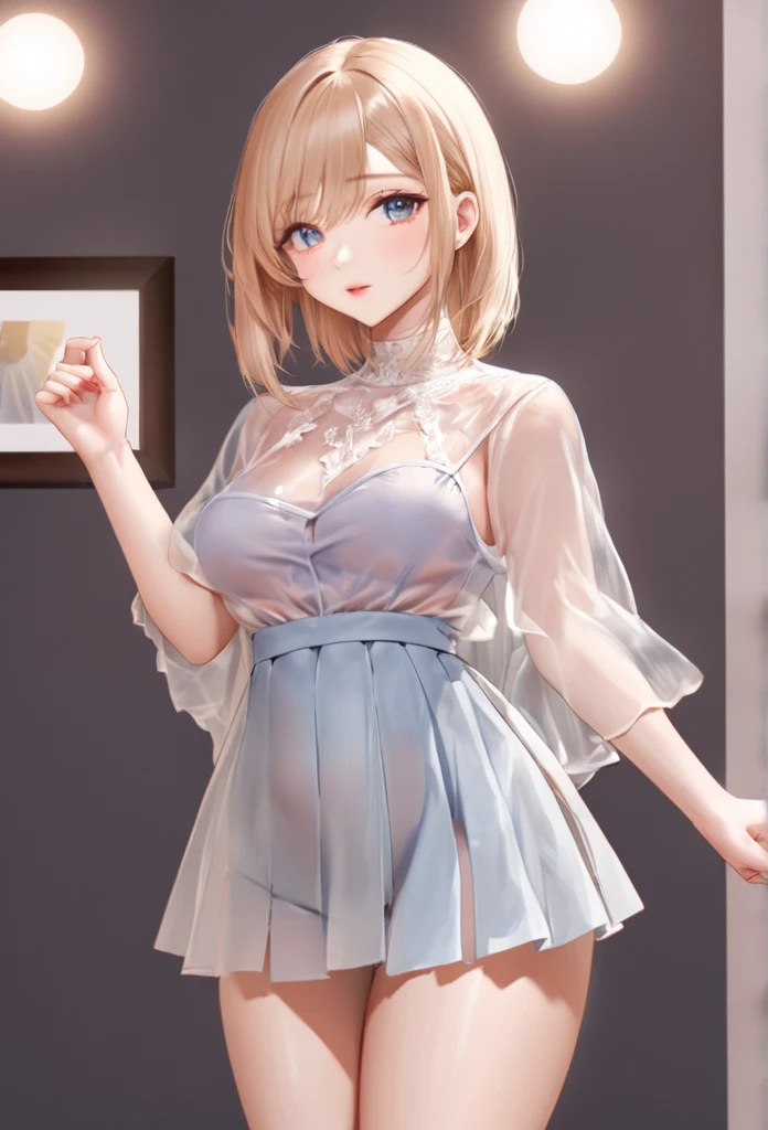 masterpiece, absurdres, best quality, ultra detailed, high Resolution, detailed illustration, bright colour, (extremely beautiful detailed face and eyes, Delicate beautiful face, 1 girl, 18yo, cute face:1.3), (magenta eyes:1.1), sparkling eyes, big eyes, (medium breasts:1.3), (perky breasts:1.1), (pointy breasts:1.1), medium hips, glamorous body, white skin, BREAK, (blonde hair:0.8), messy hair, detailed hair, shiny hair, BREAK (mini casual dress, see-through, down blouse:1.3), perfect lighting, (ecstasy, vulgarity:1.5), (embarrassed:1.3), Abandoned Building,