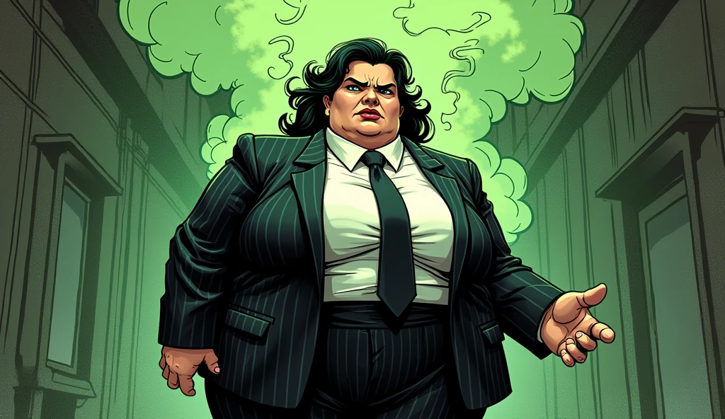 beautiful morbidly obese young female mob boss woman wearing a mobster suit farting olive green stink fumes from her butt, comic artstyle