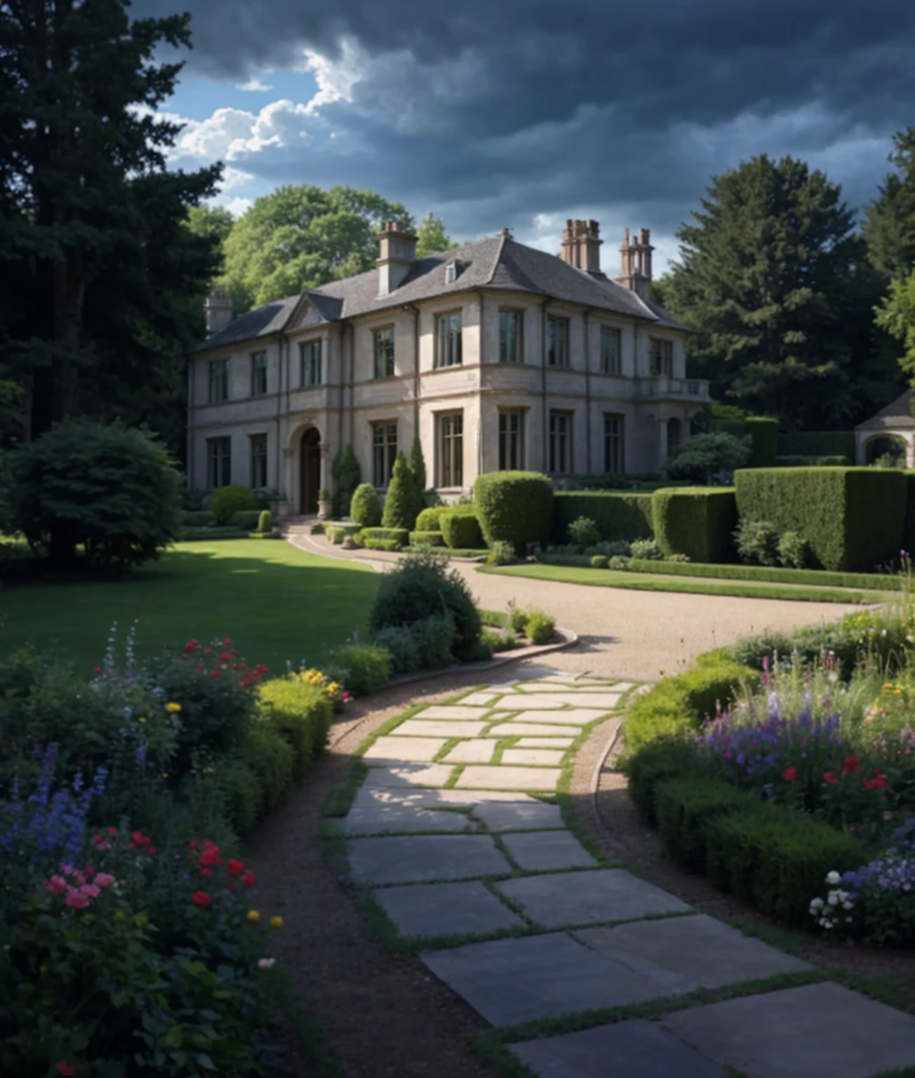 The Romanesque Revival biggest mansion , accessed by a biggest field and garden and biggest beautiful swimming pool , is surrounded by an English garden. There is a dense forest behind the house. There is a dark cloud above the house, which portends a downpour. The lights in the windows are off.
