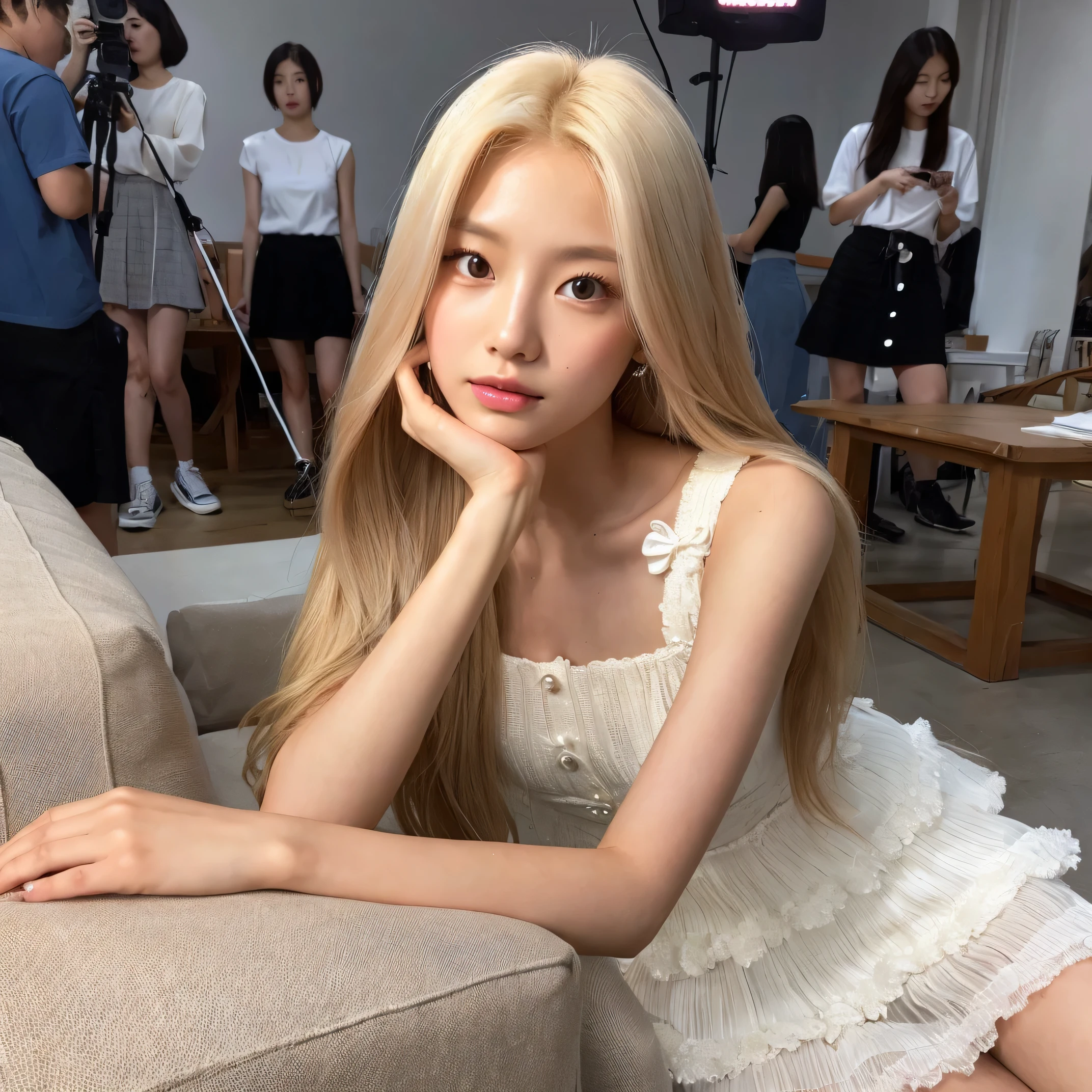 a South Korean natural model with very long blonde hair ,glowing skin, shiny skin ,thin lips ,wearing no makeup natural ,glossy ash pink lips ,light lightning ,wearing pastel blue ruffy sleeveless dress, wearing pearl ruffy layered short skirt ,at a entertainment building ,picture taken with phone camera , ethereal glow, standing in front of white wall, posing on wall ,flash light from camera on her face ,looking upwards