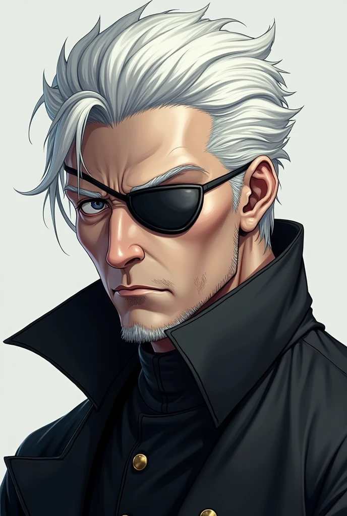 White haired male character wearing an eye patch over one eye wearing an overcoat