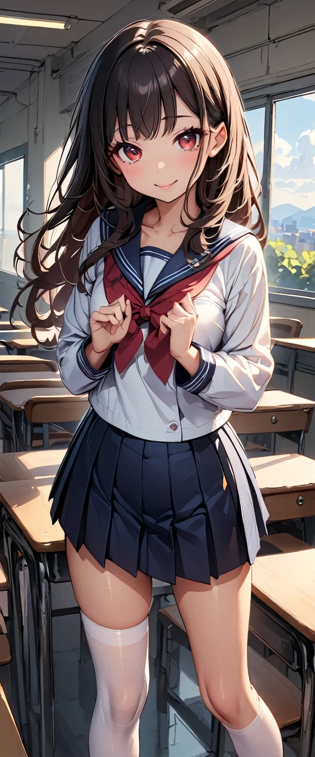 Highest quality、High resolution、Detailed Background、Beautiful face in every detail、Highly detailed face、Detailed red eyes、Anatomically correct、Normal number of fingers、age beauty、Perfect body line、Black Hair、Brown Hair、Bobcut、Long Hair、Wavy Hairstyle、Cute Eye Makeup、Cute Lip Makeup、Calm atmosphere、Glossy sailor suit、Sailor collar、Pleated skirt、Red ribbon、White Stockings、Standing by the window of a classroom、Looking back at me with a big smile、Cute gestures、very beautiful