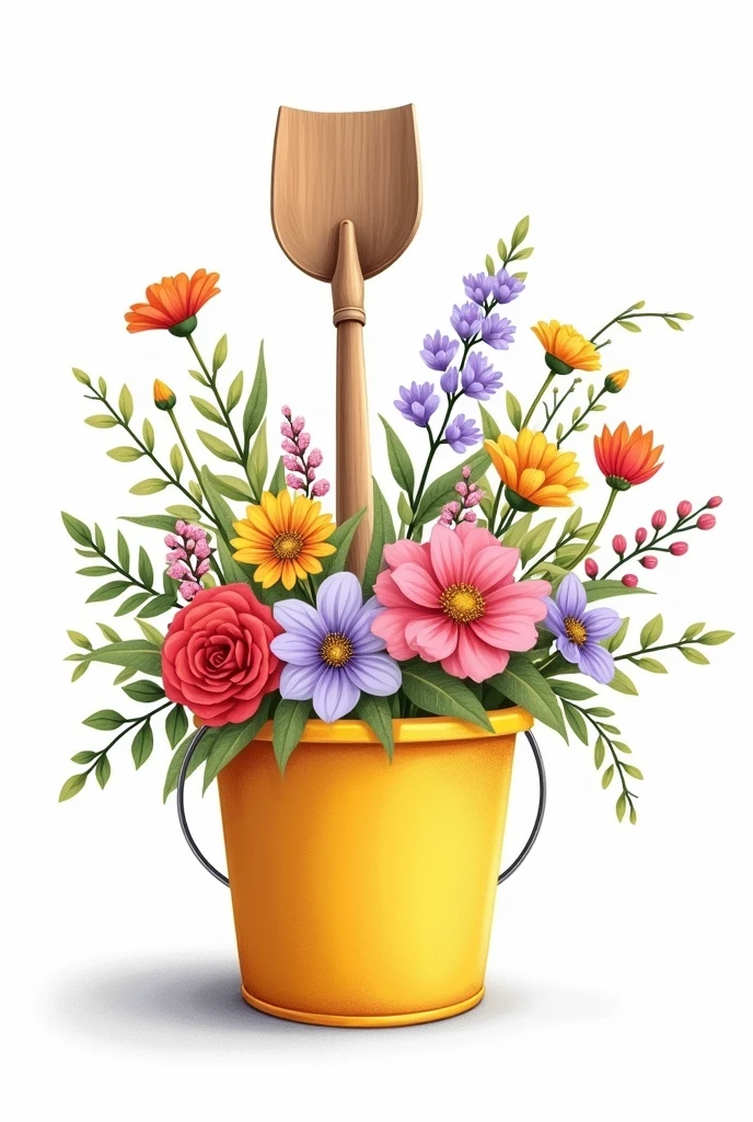 BUCKET SHOVEL CLEANING MATERIAL WRAPPED IN COLORFUL FLOWERS HAND DRAW STYLE VERY DELICATE AND SUBTLE VECTOR WHITE BACKGROUND