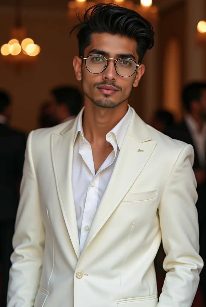 21 yr old Indian boy with narrow body wearing clubmaster metal frame spect nd fair skin wearing formal sky white suit for party with low fade hair cut

 
