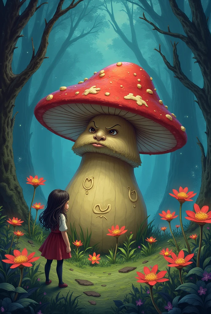 Moss the Talking Mushroom: "Luna and Spark approach a large, grumpy talking mushroom named Moss. The mushroom is sitting in a patch of glowing flowers, and its face is carved into its cap, looking both stern and wise." Prompt: A large, magical mushroom with a grumpy face carved into its cap sits in a bed of glowing, multicolored flowers. The mushroom looks slightly grumpy but kind, surrounded by the vibrant colors of the enchanted forest. Luna and the fairy watch the mushroom with interest.