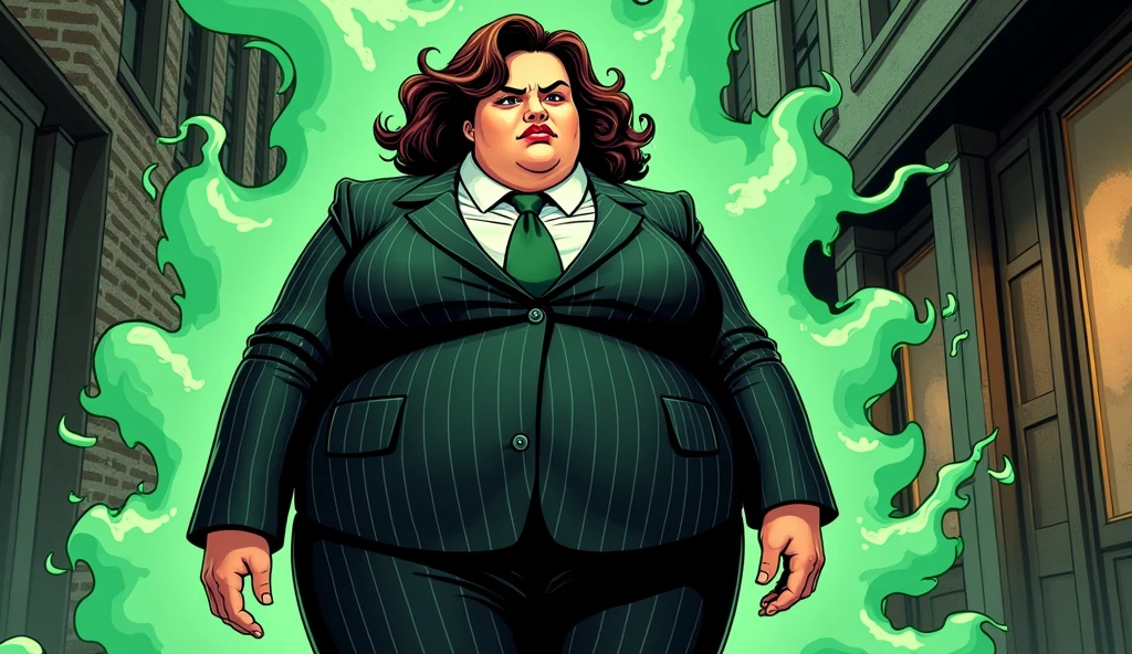 beautiful morbidly obese young female mob boss woman wearing a mobster suit olive green stink fumes from her butt, c artstyle