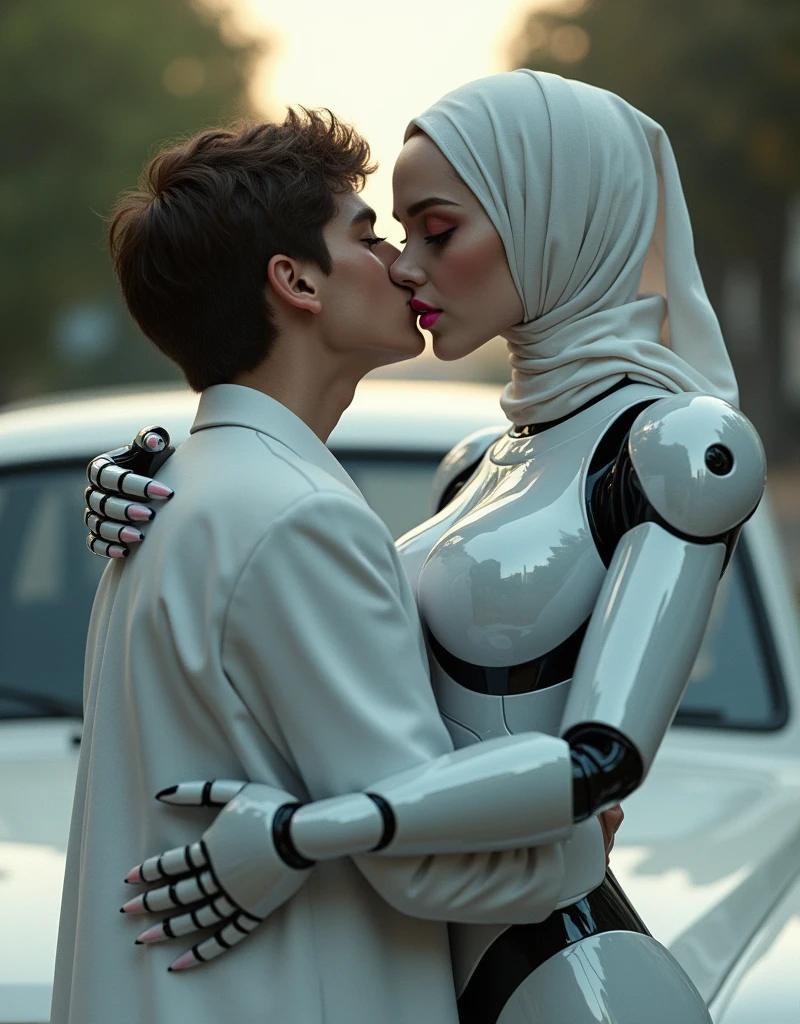 female robot wearing a hijab, big breasts, pink lips, white body, robot arms, long nails, smiling expression, holding and kissing teenage boy on the car