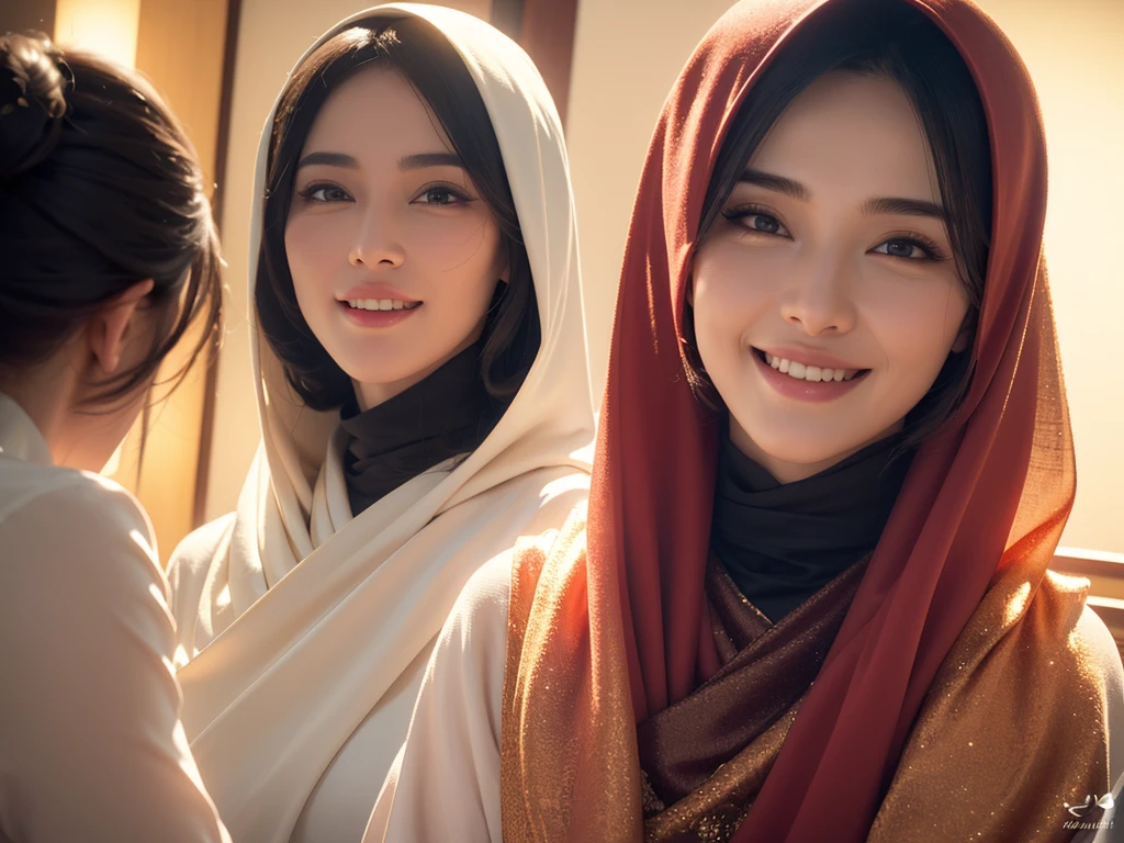 a gorgeous 4 Indonesian woman, 1girl, silk abaya, in hijab, smiling, shy, opened mouth, visible teeth, hot mom, full body portrait, (best quality,4k,8k,highres,masterpiece:1.2),ultra-detailed,(realistic,photorealistic,photo-realistic:1.37),HDR,UHD,studio lighting,ultra-fine painting,sharp focus,physically-based rendering,extreme detail description,professional,vivid colors,bokeh,portraits,warm color tones,dramatic lighting
