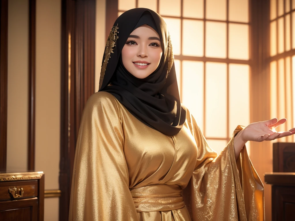 a gorgeous 4 Indonesian woman, 1girl, silk abaya, in hijab, smiling, shy, opened mouth, visible teeth, hot mom, full body portrait, (best quality,4k,8k,highres,masterpiece:1.2),ultra-detailed,(realistic,photorealistic,photo-realistic:1.37),HDR,UHD,studio lighting,ultra-fine painting,sharp focus,physically-based rendering,extreme detail description,professional,vivid colors,bokeh,portraits,warm color tones,dramatic lighting