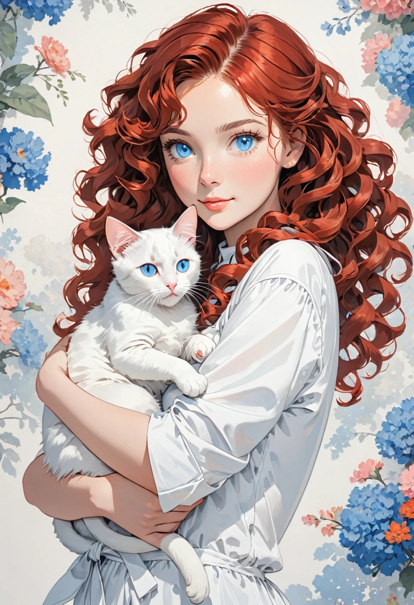 Young woman with curly red hair and blue eyes wearing a white outfit holding a cat in her arms