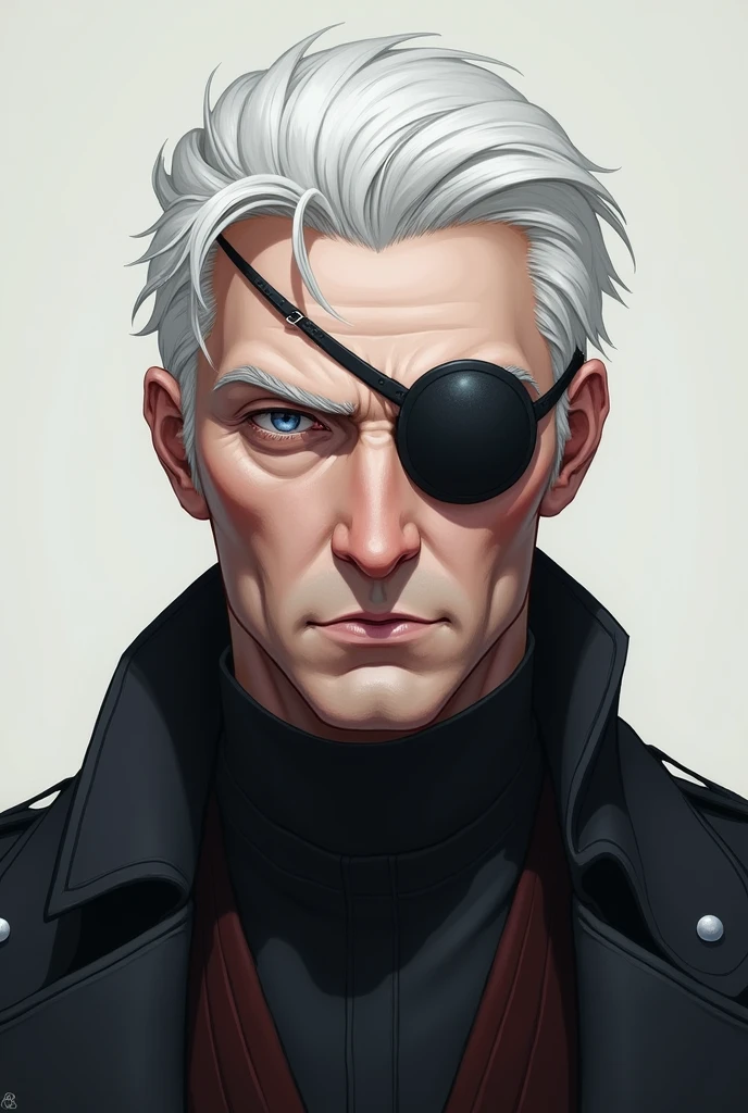 White haired male character wearing an eye patch over one eye wearing an overcoat 