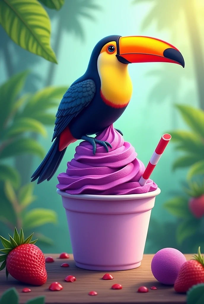 toucan and dairy-free acai ice cream in a cup