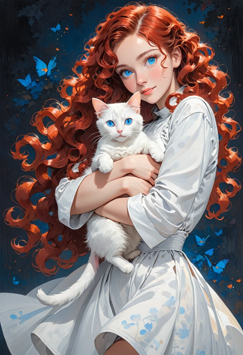 Young woman with curly red hair and blue eyes wearing a white outfit holding a cat in her arms