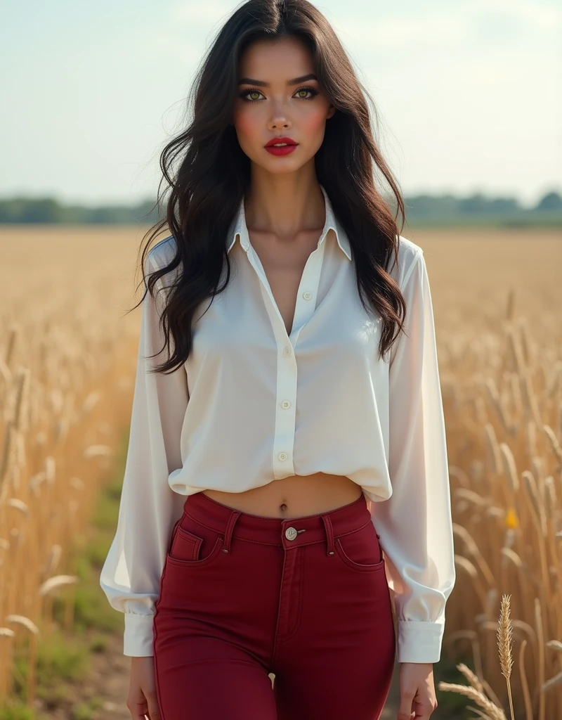 (masterpiece, best quality:1.3), (front view) hyperrealism, sharp images, photorealistic, (Full body portrait), (white skin, highly detailed face:1.4), (highly detailed skin:1.4), (20 years old woman), she has very black wavy hair, she has breast size 1.3, detailed hd beautiful dark green eyes, lips marked with red lipstick, flirtatious look, big light green eyes, bold black eye shadows, huge eyelashes, (she is wearing a withe shirt with a red wine pants realistic high quality) (background, it is daytime, She is walking through a field)