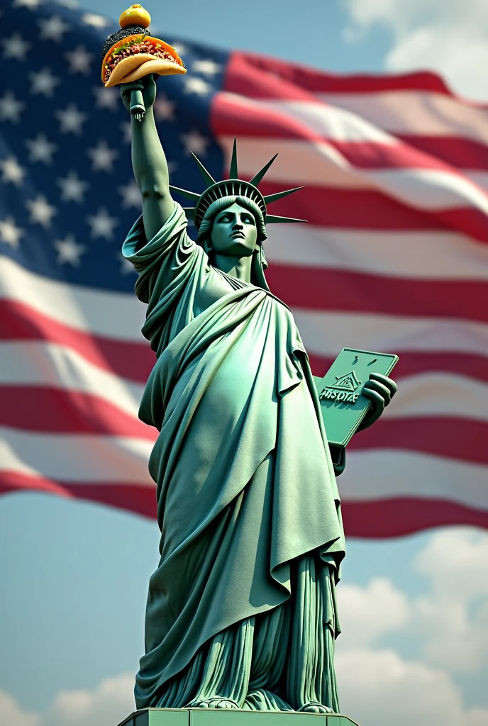 Statue of Liberty with the American flag behind it and holding tacos 🌮 