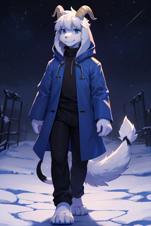 a man, alone Asriel, Undertale (Asriel Dreemurr), smile, eskimo coat(blue coat), tall, furry, anthropomorphic, blue eyes(black blouse, black pants), goat paw, paw with metacarpal(goat tail, tail antrum, short tail), hair (bangs on the right side), barefoot.