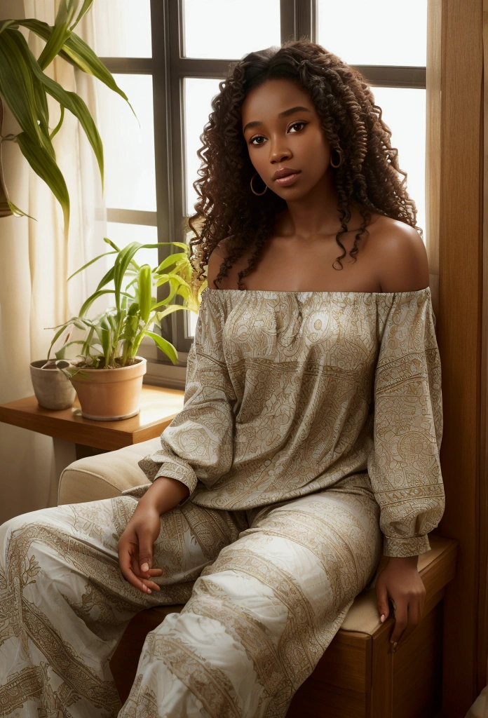(photorealism:1.2), Beautiful African American woman, Sitting on the bed, wearing a loose off-the-shoulder blouse, Pajama pants, Long and curly hair, inside, Soft lighting, Plants in the background, window with sunlight, comfortable room, relaxed pose, realist, intricate details, warm colors, Lt. Greg Rutkowski, by Alphonse Mucha