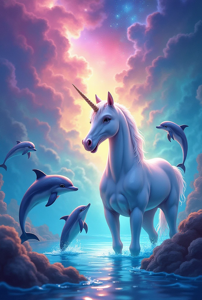 Unicorn and dolphins with a colorful background