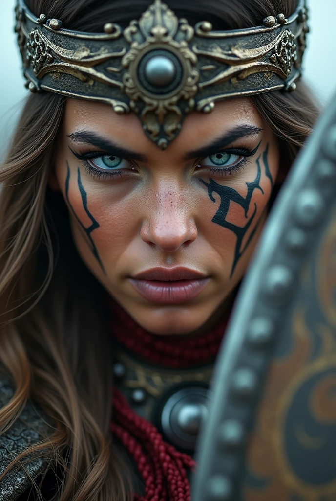 Close up face beautiful viking woman, 40 years old, shield in hand , blue eyes with lightning, large crown on head , tribal tattoo on face, Angry, red adorned neck necklace, battle outfit, knife close to the face