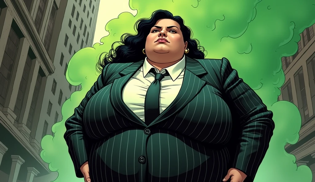 beautiful morbidly obese young female mob boss woman wearing a mobster suit farting olive green stink fumes from her butt, comic artstyle