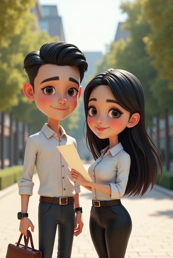 realistic 3d caricature. big head. a handsome man wearing glasses and a beautiful woman wearing a veil wearing glasses. 2. tall, slightly thin body, oval face shape. chin slightly oval. slightly round eyes, white skin, faint smile. Stylish man with neat black hair, wearing a white shirt, black watch, carrying a bag. a woman wearing a black veil, holding thin paper, standing wearing a white shirt and black bottoms. daytime background on a campus. Soft photography with sufficient lighting. Photos with very high details