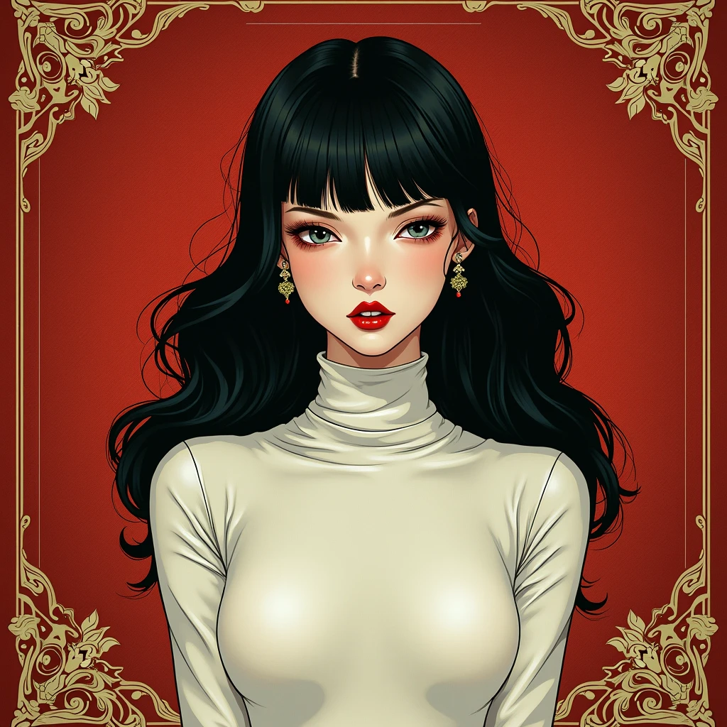 full body portrait of a pale girl with black hair and red lips wearing a tight white turtleneck in a shiny fabric, ornate red background, detailed illustration, style of moebius