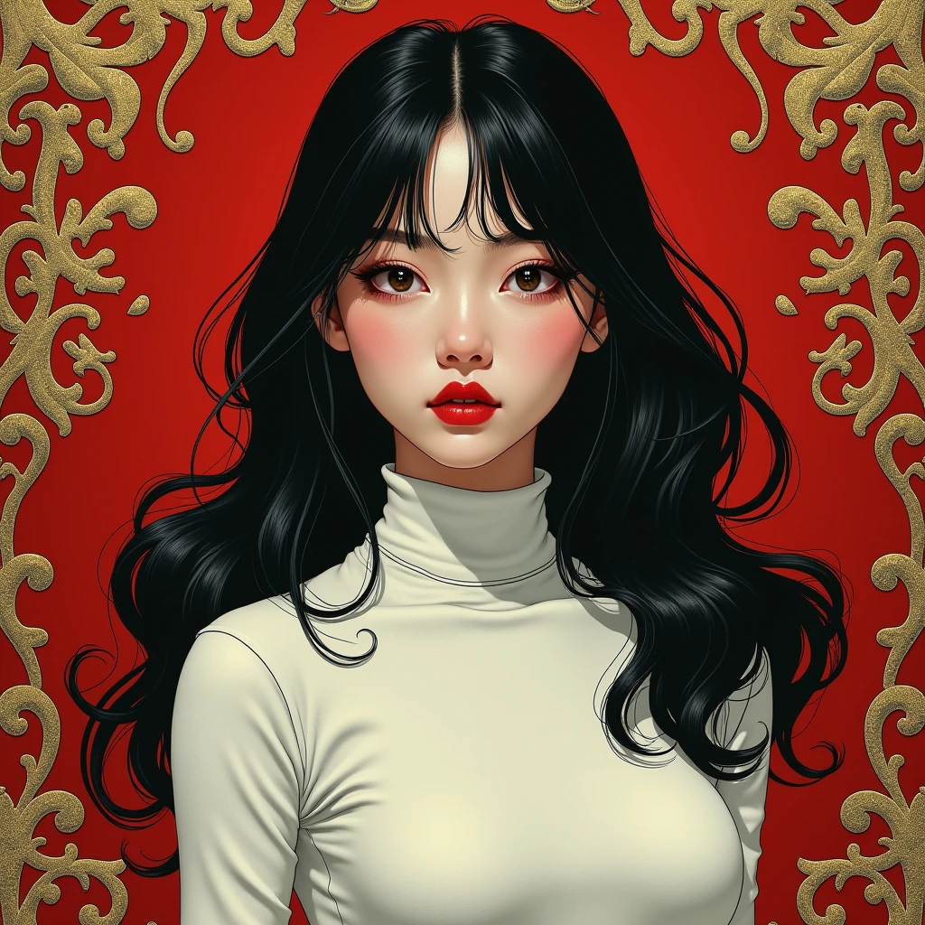 full body portrait of a pale girl with black hair and red lips wearing a tight white turtleneck in a shiny fabric, ornate red background, detailed illustration, style of moebius