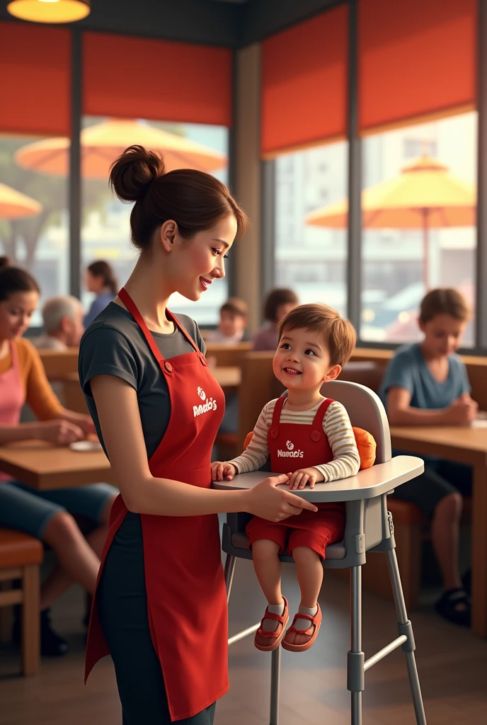 Nando's restaurant waitress giving high chair to customers