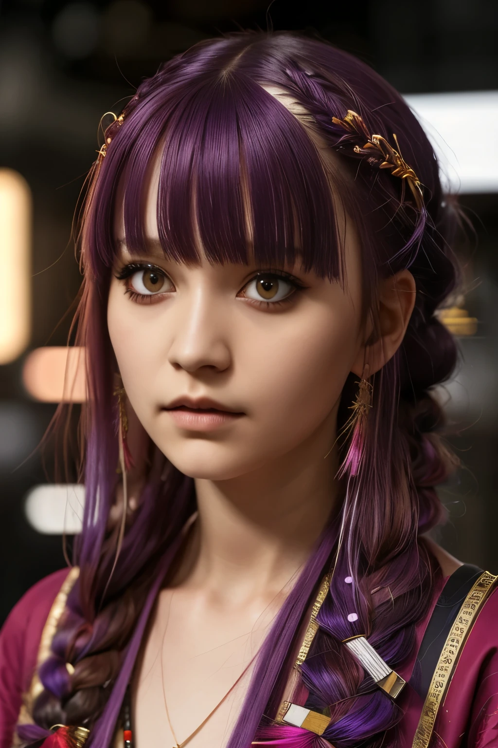1girl, blunt bangs, braid, wide sleeves, hair ornament, japanese clothes, red obi, (purple hair:1.2), very long hair, straight hair, looking at viewer, highly detailed background, (photo realistic:1.2), detailed eyes, red eyeshadow, depth of field,thigh, (ulzzang-6500:0.7), upper body, (solo:1.2), (cyberpunk city:1.1), cleavage, (finger on lips:1.1),Shiny skin