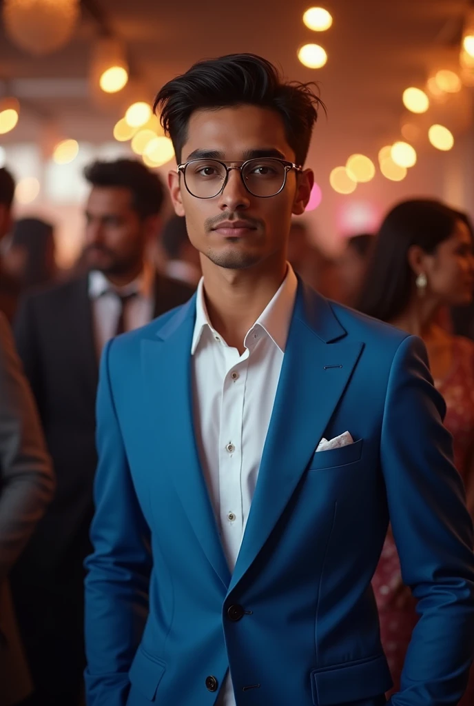 21 yr old Indian boy with narrow body wearing clubmaster metal frame spect nd fair skin wearing formal sky-blue suit for party with tappred hair cut