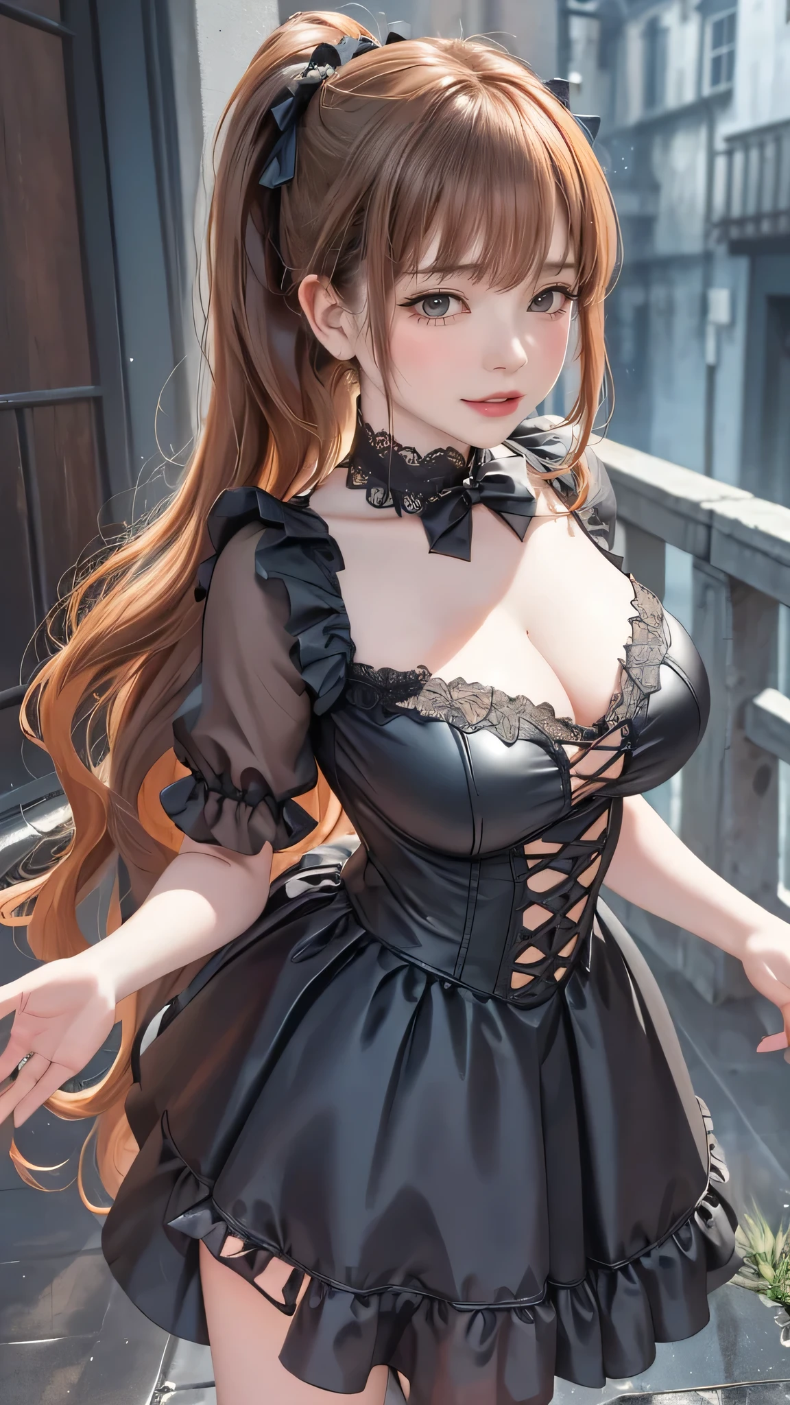 gothic lorita,sologirl,Back alley in heavy rain,Drenched Gothic ta Girl,piercings,Gothic Loliakeup,Gothic Lolita D,(The whole body is soaking wet,Rainwater dripping from the face,Wet face,wetting hair,Wet and glowing skin,Soaking wet costumes,),(Glossy light brown and orange two-tone hair,Short ponytail),(The composition of the princess's face,big eye,Pointed lips,red lipsticks,Cute round face,A smile that makes the viewer happy,blushing with embarrassment,red blush,),(The 8k quality,masutepiece,top-quality,Ultra-high resolution output image,),intricate detailes,(Highly detailed raw full body photo:1.3),(Image Mode Ultra HD),