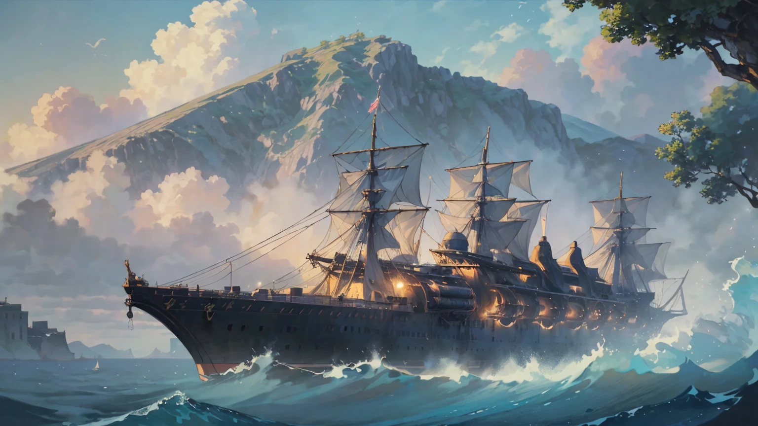 {(best quality, 8k, masterpiece, HDR, soft lighting, perfect image, digital illustration, manhwa art, hyper detailed image, perfect lines, realistic, elegant)} black palace in distance, vibrant city, night sky, open sea port with ships, multiple people wearing medieval attire in distance walking, beautiful, dazzling stars, pretty night sky,