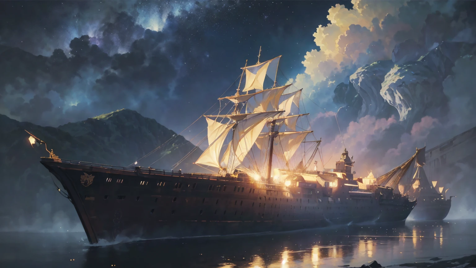 {(best quality, 8k, masterpiece, HDR, soft lighting, perfect image, digital illustration, manhwa art, hyper detailed image, perfect lines, realistic, elegant)} black palace in distance, vibrant city, night sky, open sea port with ships, multiple people wearing medieval attire in distance walking, beautiful, dazzling stars, pretty night sky,