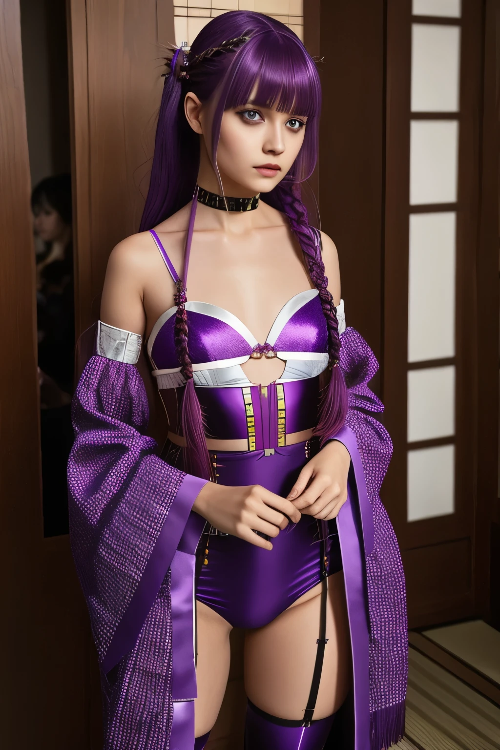 1girl, blunt bangs, braid, wide sleeves, hair ornament, japanese clothes, red obi, (purple hair:1.2), very long hair, straight hair, looking at viewer, highly detailed background, (photo realistic:1.2), detailed eyes, red eyeshadow, depth of field，thigh, (ulzzang-6500:0.7), upper body, (solo:1.2), (cyberpunk city:1.1), cleavage, (finger on lips:1.1),Shiny skin