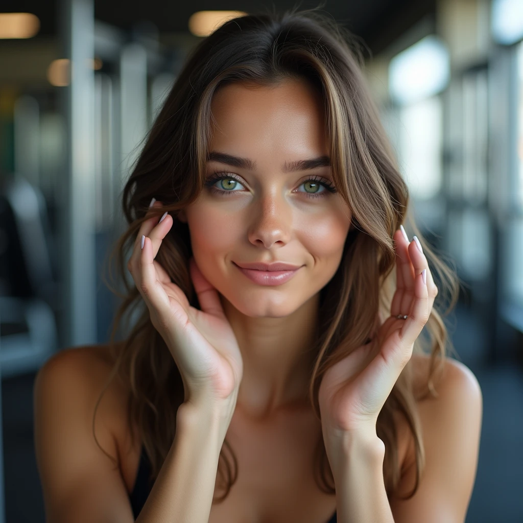 [beautiful young woman], [green eyes], [straight brown hair with frizz], [perfect hands], [sports set], [gym], professional, (4k image:1.1), (Sharp Focus:1.3)