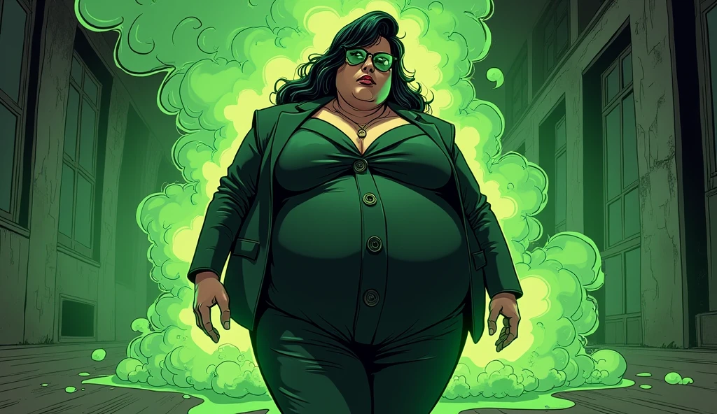 beautiful morbidly obese young female mob boss woman wearing a mobster suit farting olive green stink fumes from her rear, comic artstyle